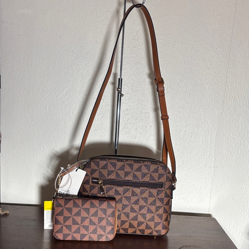 Brown Geometric Crossbody Bag with Coin Pouch